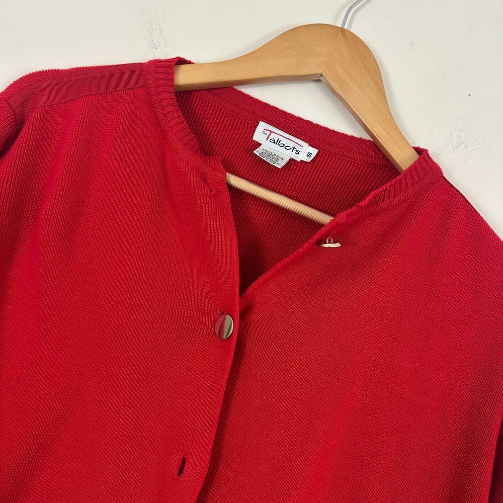 Talbots Cardigan Sweater Red 100% Wool True Vintage Gold Button Womens S